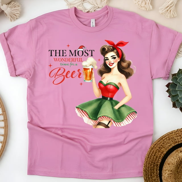 T-Shirt Graphique Amateur de Bière / Rétro Pin-Up Fille Drôle T-Shirt à Boire, Azalée, Taille G