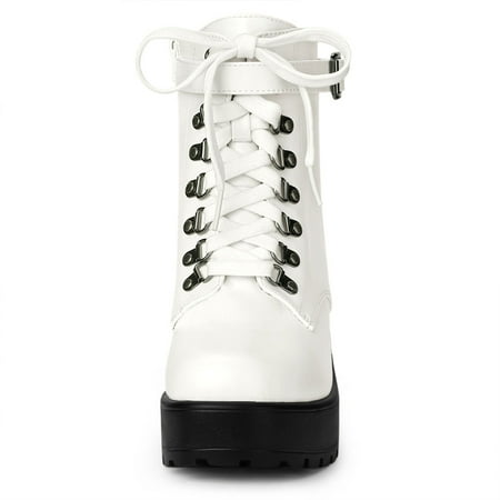 Allegra K Women's Zip Chunky Heel Platform Ankle Combat Boots White ...