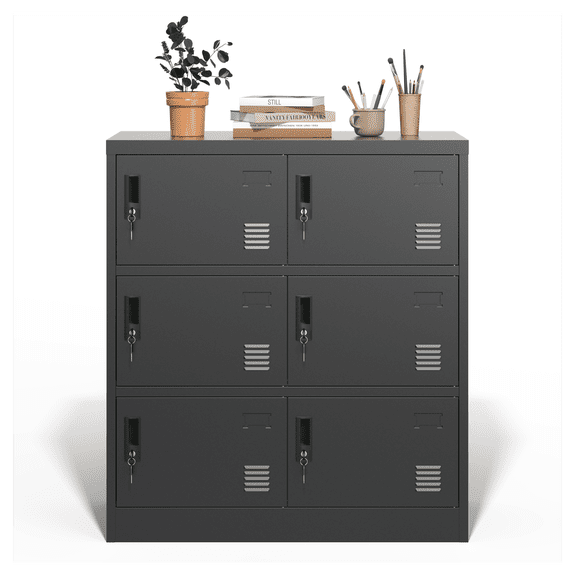 6-Door Employee Locker with Card Slot, Metal Storage Cabinet for Office, Gym, School, Home, Black, Freestanding