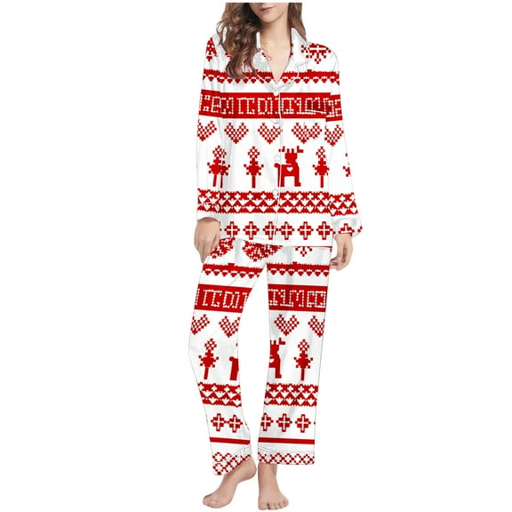 AINIYS Womens Christmas Pajamas Sets 2 Piece V Neck Loungewear Sets Comfy Long Sleeve Matching Pants Xmas Outfits with Pocket Red L