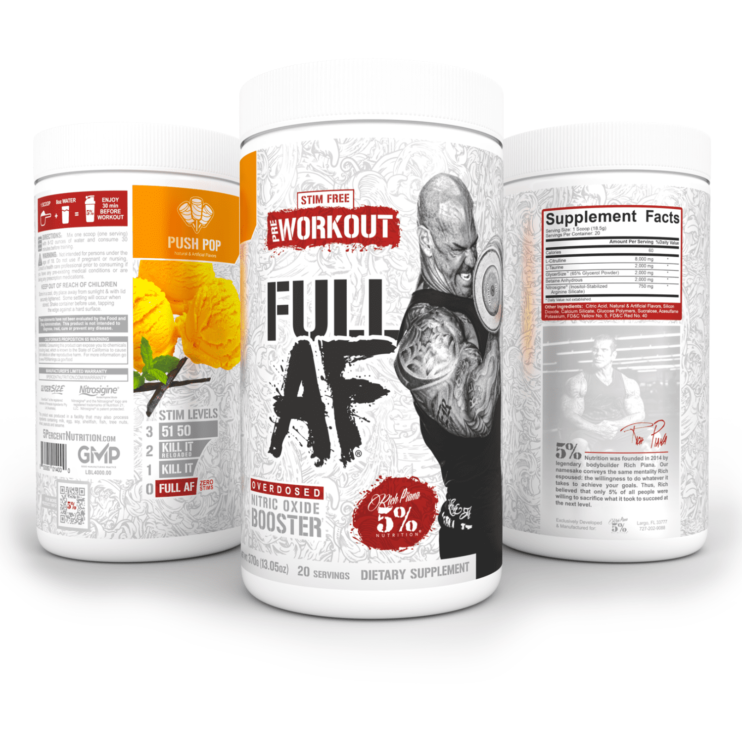 5% Nutrition Full AF Pre-Workout Stim-Free Powder Supplement, Caffeine-Free Max Pumps, 20 Servings (Push Pop)