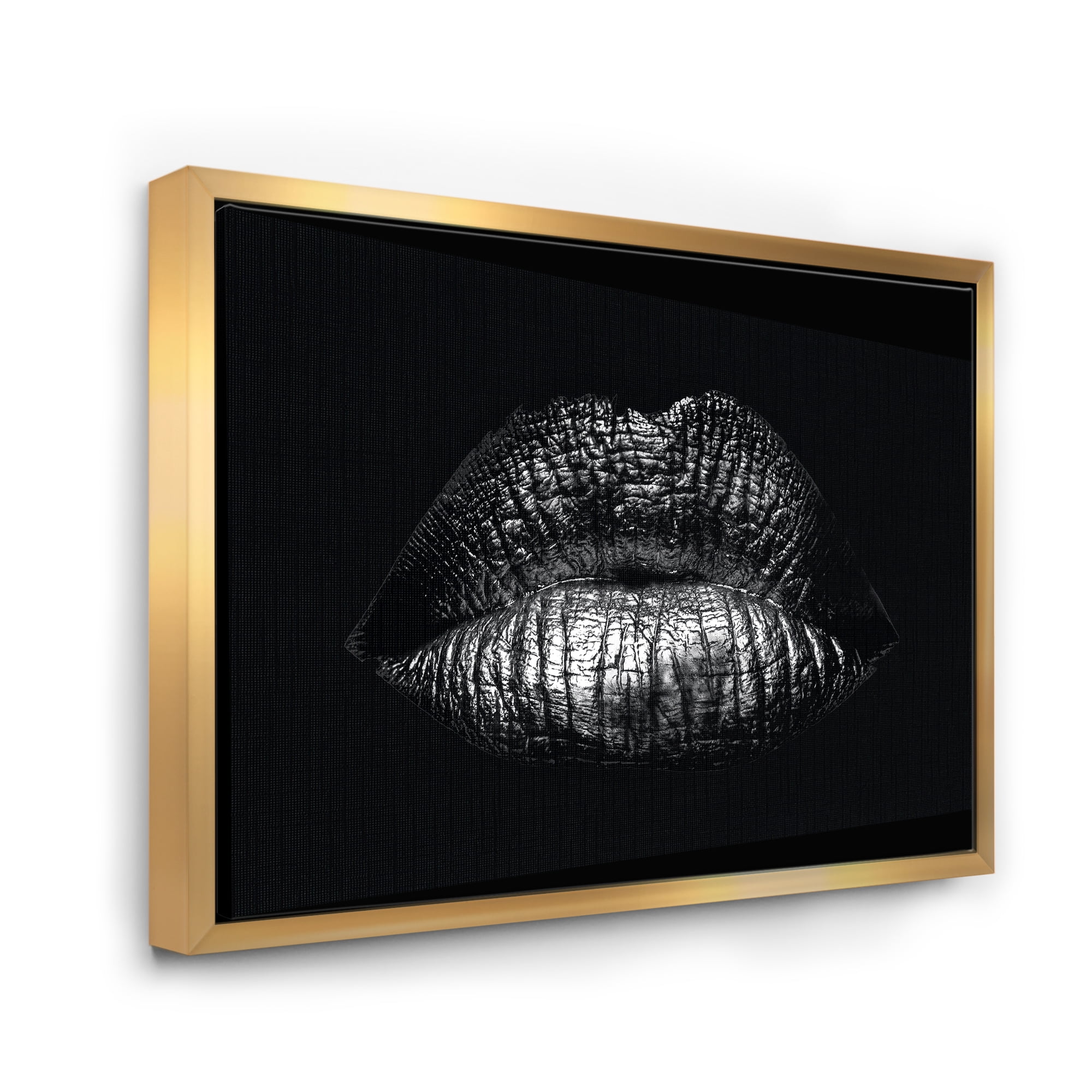 Designart 'Sexy Golden Metallized Woman Lips I' Modern Framed Canvas Wall Art Print