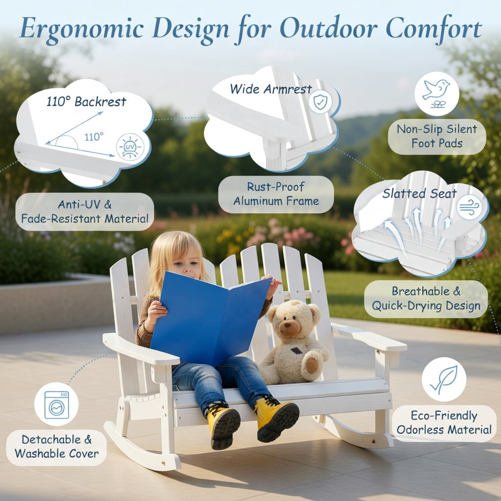 Hommoo 2-Person Fir Wood Adirondack Rocking Chair for Outdoor Backyard, Poolside & Patio, Weather-Resistant, Slatted Breathable Seat, White