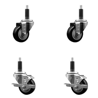 3 Inch SS Black Poly Wheel Swivel 1 Inch Expanding Stem Caster Set 2 Brakes SCC