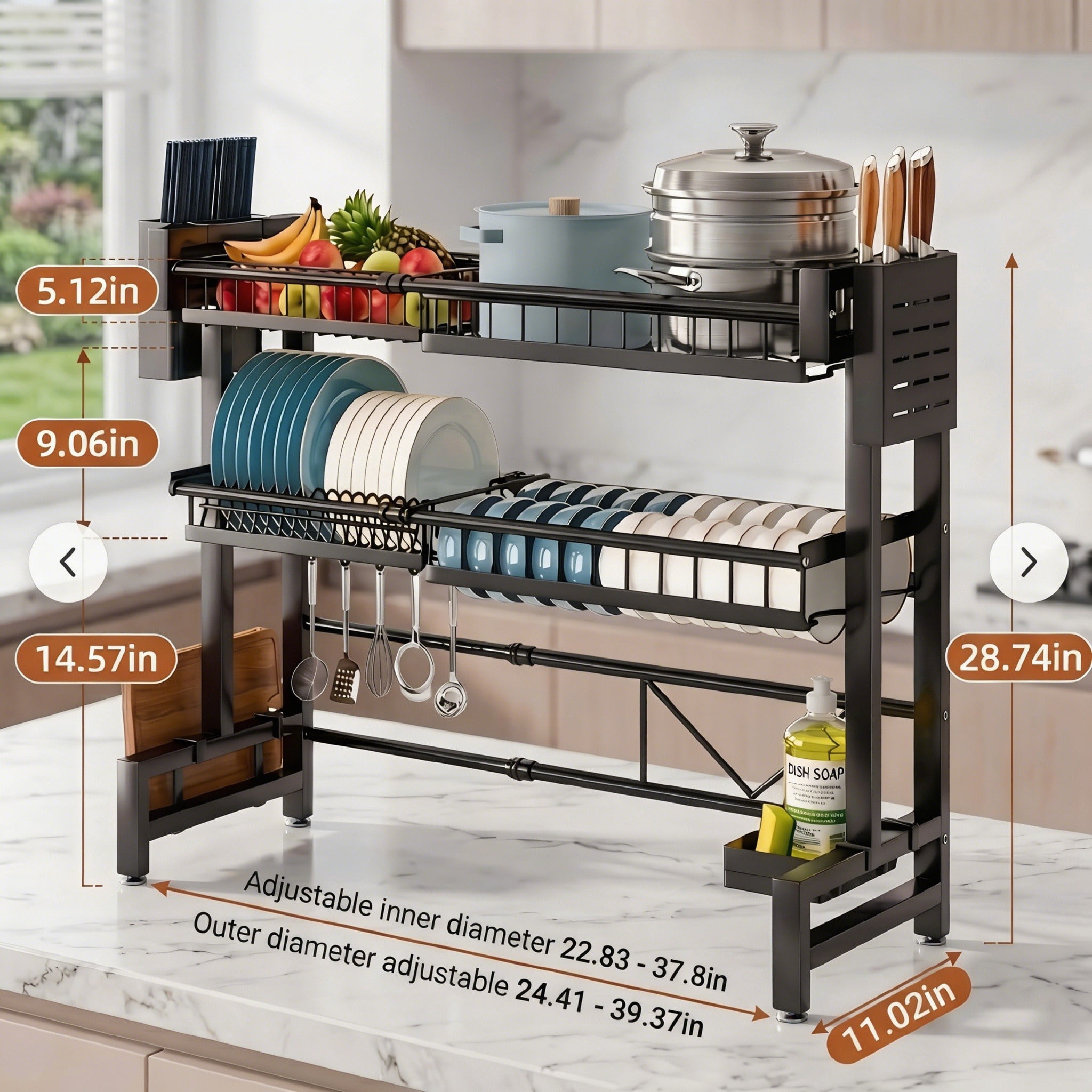 Expandable Over the Sink Dish Drying Rack, 2-Tier Adjustable Kitchen Counter Organizer (24.4-39.4in), Large Dish Drainer with Utensil Holder & Cutting Board Rack, Anti-Rust Black