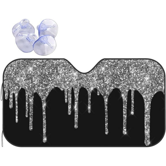 Chic Silver Glitter Drips Sparkle Black Car Windshield Sunshade, Window Sun Shades, Folding Block Sun Visor Protector for Car, Sedan, Truck, SUV, Blocks Uv Rays, Sun Visor Protector 51x27.5 in