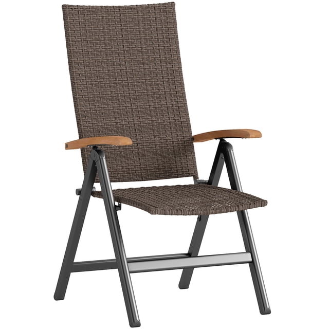 Outsunny Folding Dining Chair with a wicker design, featuring a robust steel frame and weather-resistant PE rattan in a brown finish. The chair includes five reclining backrest positions, wooden armrests, and a foldable design for easy storage. Suitable for outdoor use on patios, gardens, porches, or poolside.
