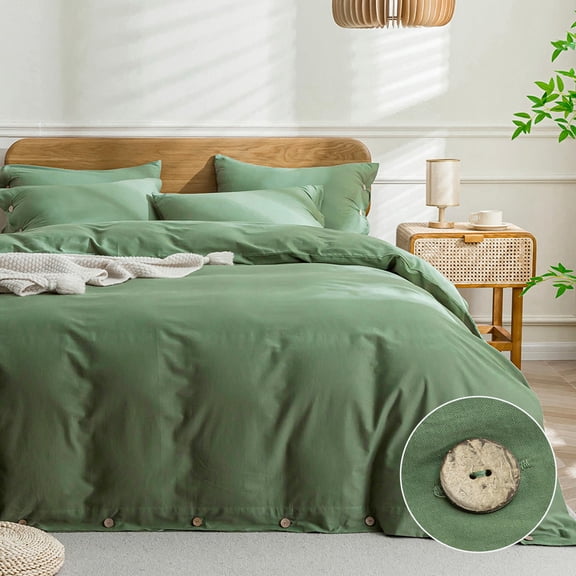Ultra soft queen duvet cover, 100% washed cotton, breathable fabric, 90x90 inches, 2 pillowcases, cozy vintage design, easy care, green