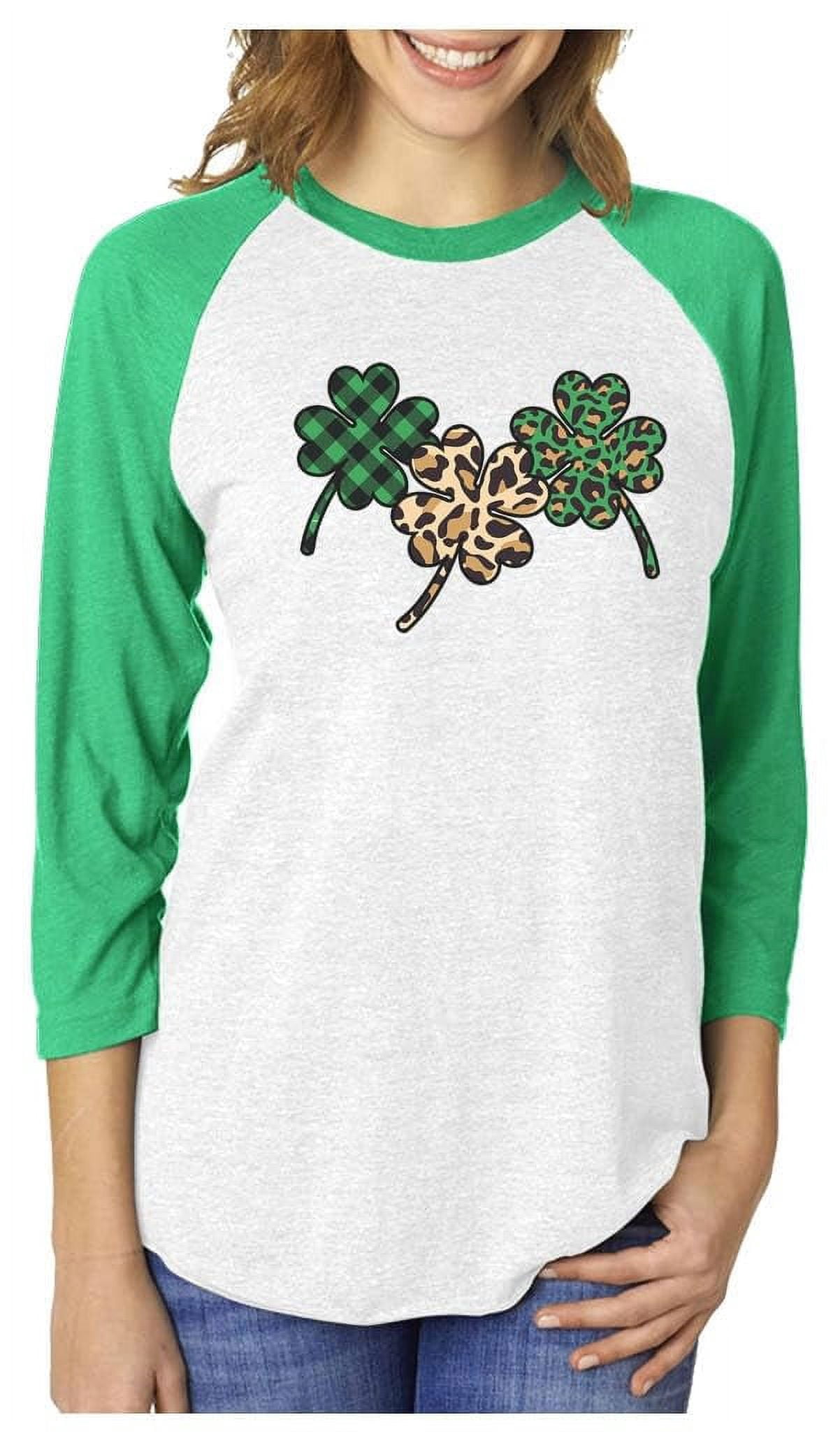 ALLTB Blessed Clover Women's T-Shirt – St. Patrick's Day Shamrock Plaid Tee, 3/4 Sleeve Raglan, Green - View #8