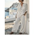 thumbnail image 4 of Cagogo Women's 2 Piece Lounge Set V Neck 3/4 Sleeve Top Wide Leg Pants Casual Boho Vacation Outfits Loose Matching Sets Solid Tracksuits Travel Airport Clothes, White 2XL, 4 of 6