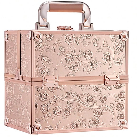 Makeup Train Case Cosmetic Box Portable Makeup Case Organizer 4 Trays Lock Travel Storage Organizer with Dividers Make Up Artist Vanity Hard Nail Spa Beauty Box Rose Gold Floral