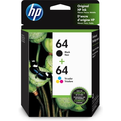 HP 64 Ink Cartridges - Black, Tri-color, 2 Cartridges (X4D92AN)