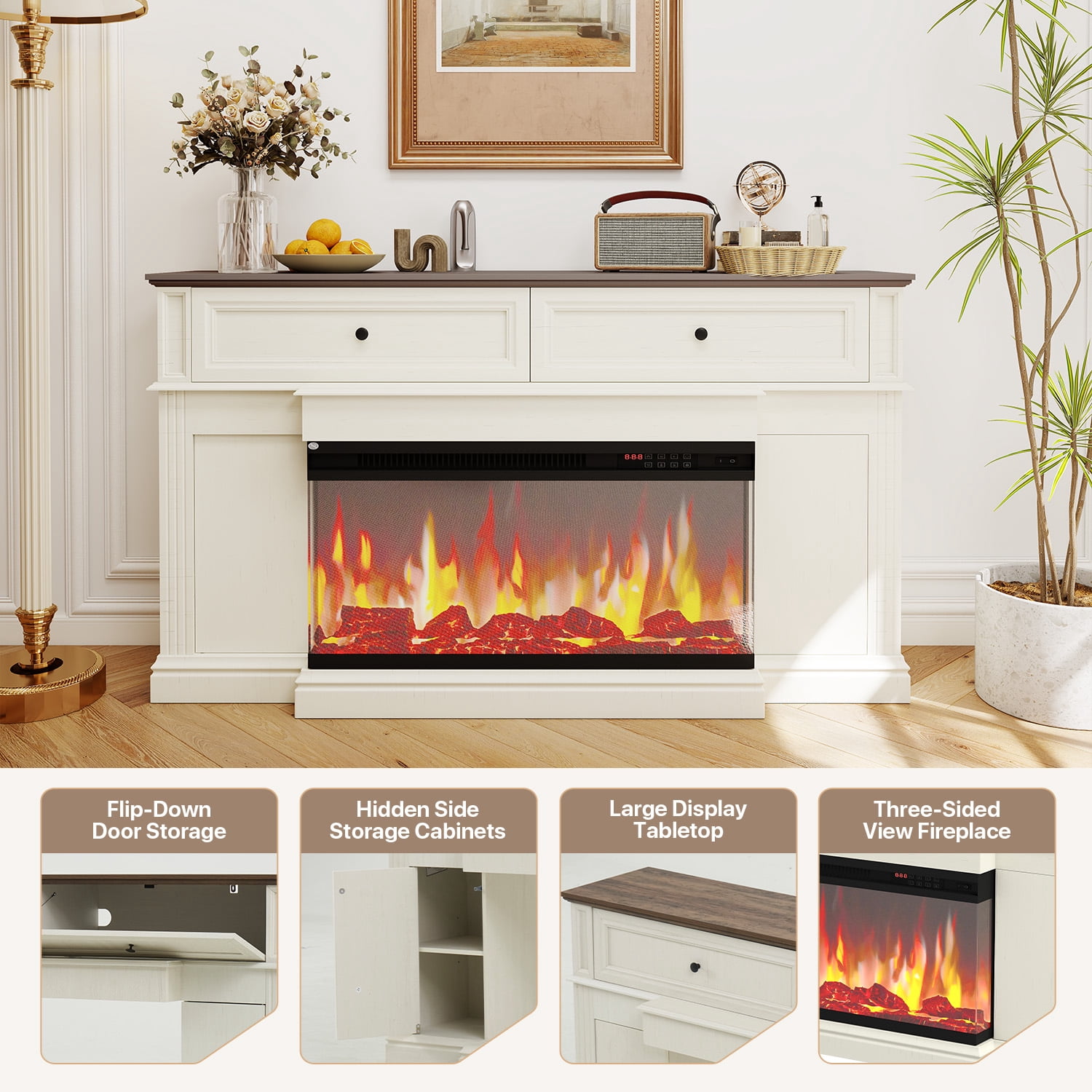 BaPiPro 63" Fireplace TV Stand for TVs up to 70", 36" Triple-Sided Electric Fireplace Entertainment Center, Vintage Farmhouse TV Console for Living Room, White