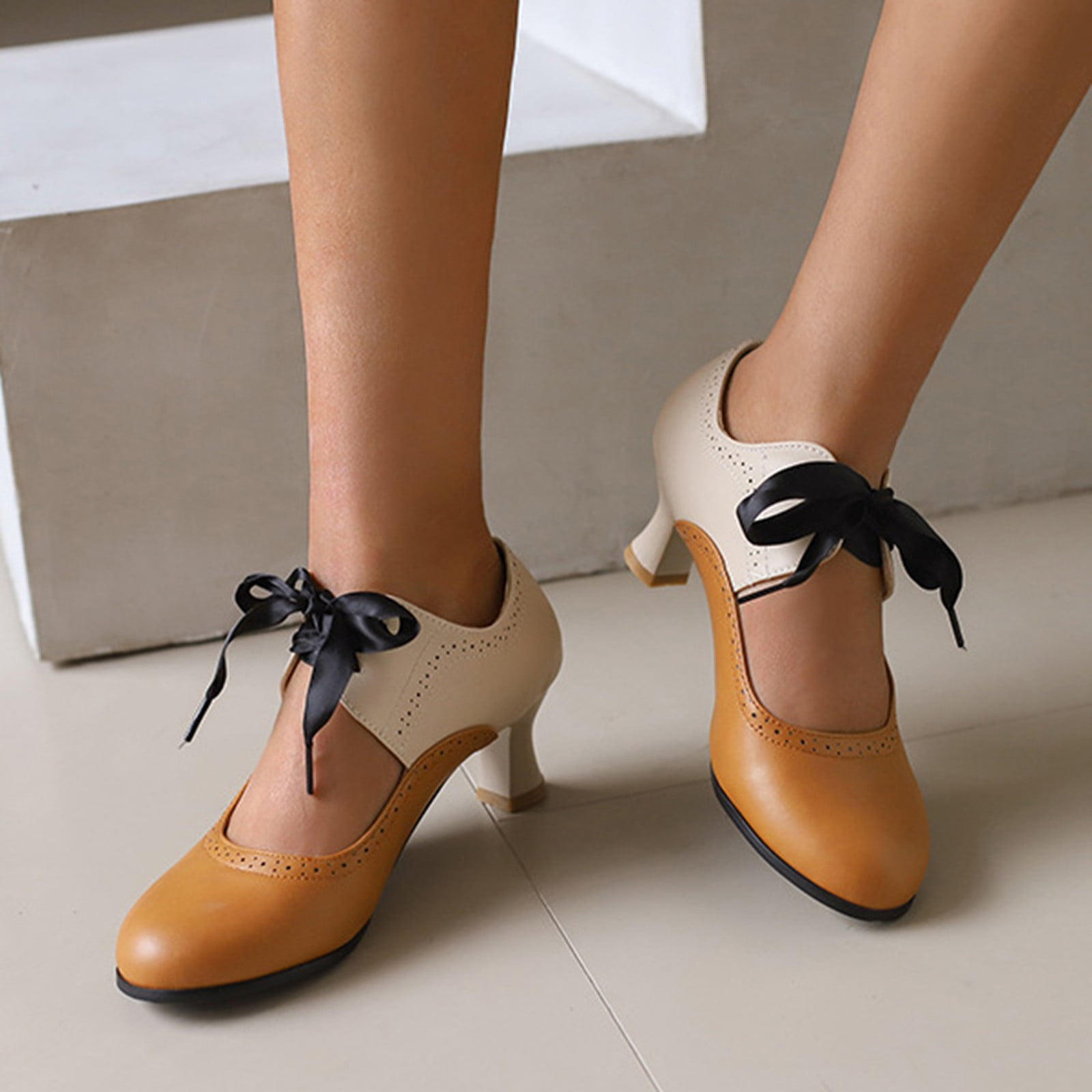 Retro Color Blocked Strap Shoes For Women Rope Lace Vintage Lace