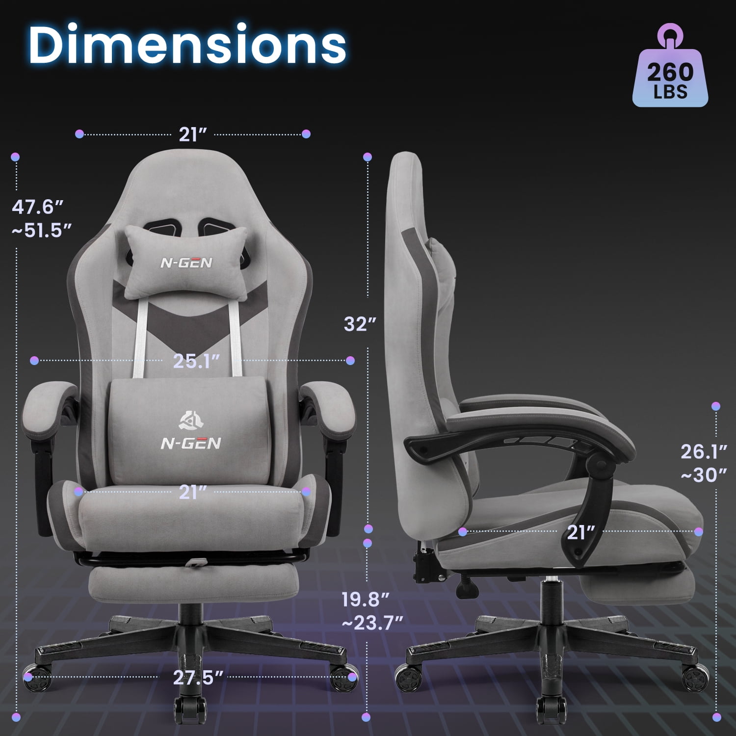 N-GEN GAMING Video Gaming Chair Office Computer Desk Use Ergonomic Reclining Backrest Adjustable Armrests Lumbar Support Footrest High Density Foam Breathable Fabric Heavy Duty Base (Grey)
