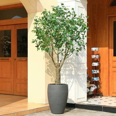 8ft UV Resistant Artificial Ficus Tree with Grey Tall Planter, Pre Potted Fake Ficus Tree for Indoor Outdoor Home Decor, Big Faux Plants Fake Plants for Office House Decor