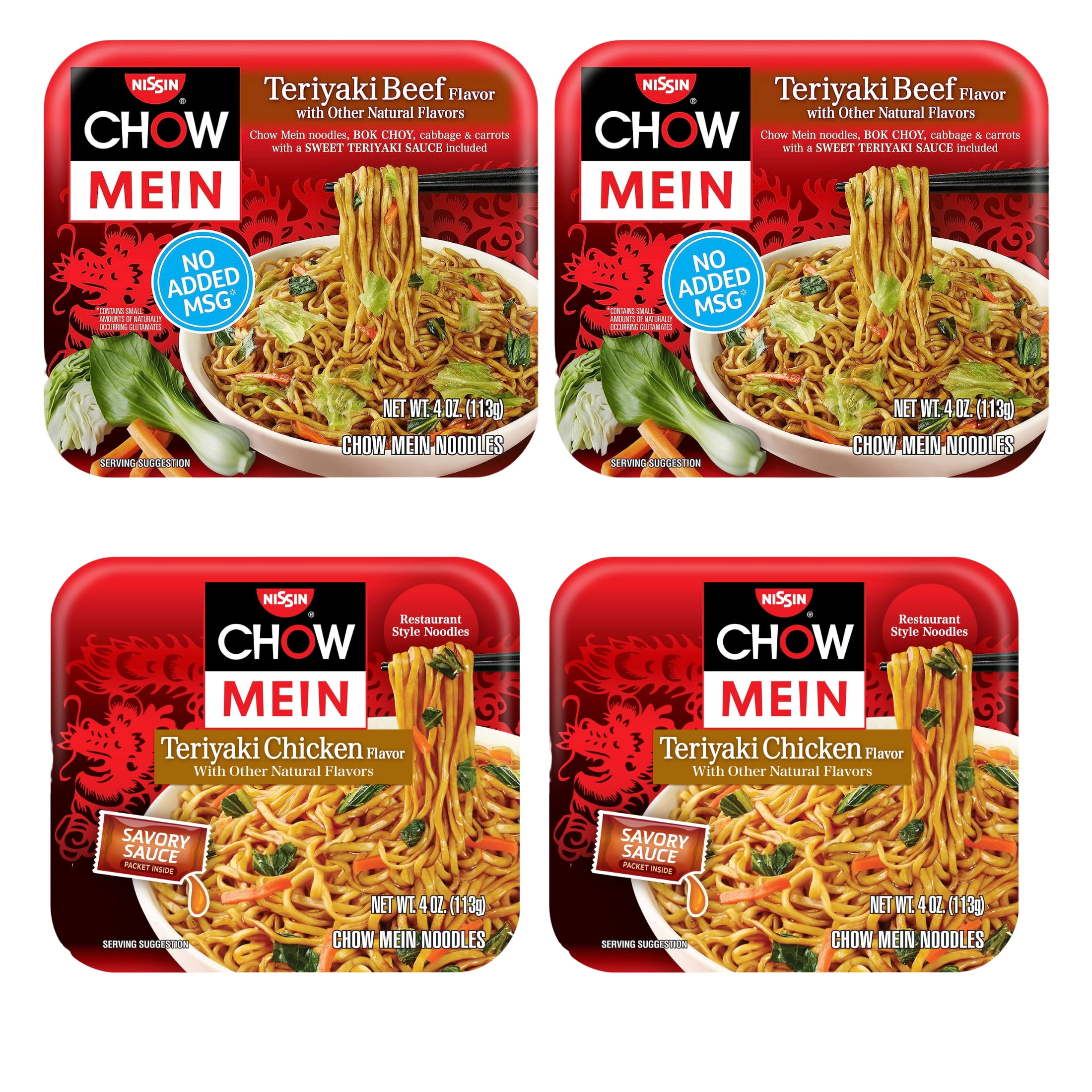 4 Nissin Chow Mein Noodles 2 Teriyaki Chicken And 2 Teriyaki Beef Flavor