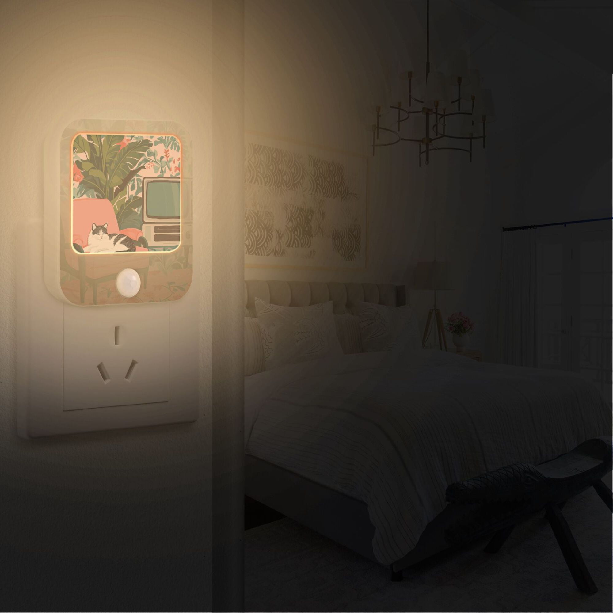 Yayeee LED Night Lights with Motion Detectors Auto Dusk to Dawn Light Sensors, 2 Pack, Pink and White Cat