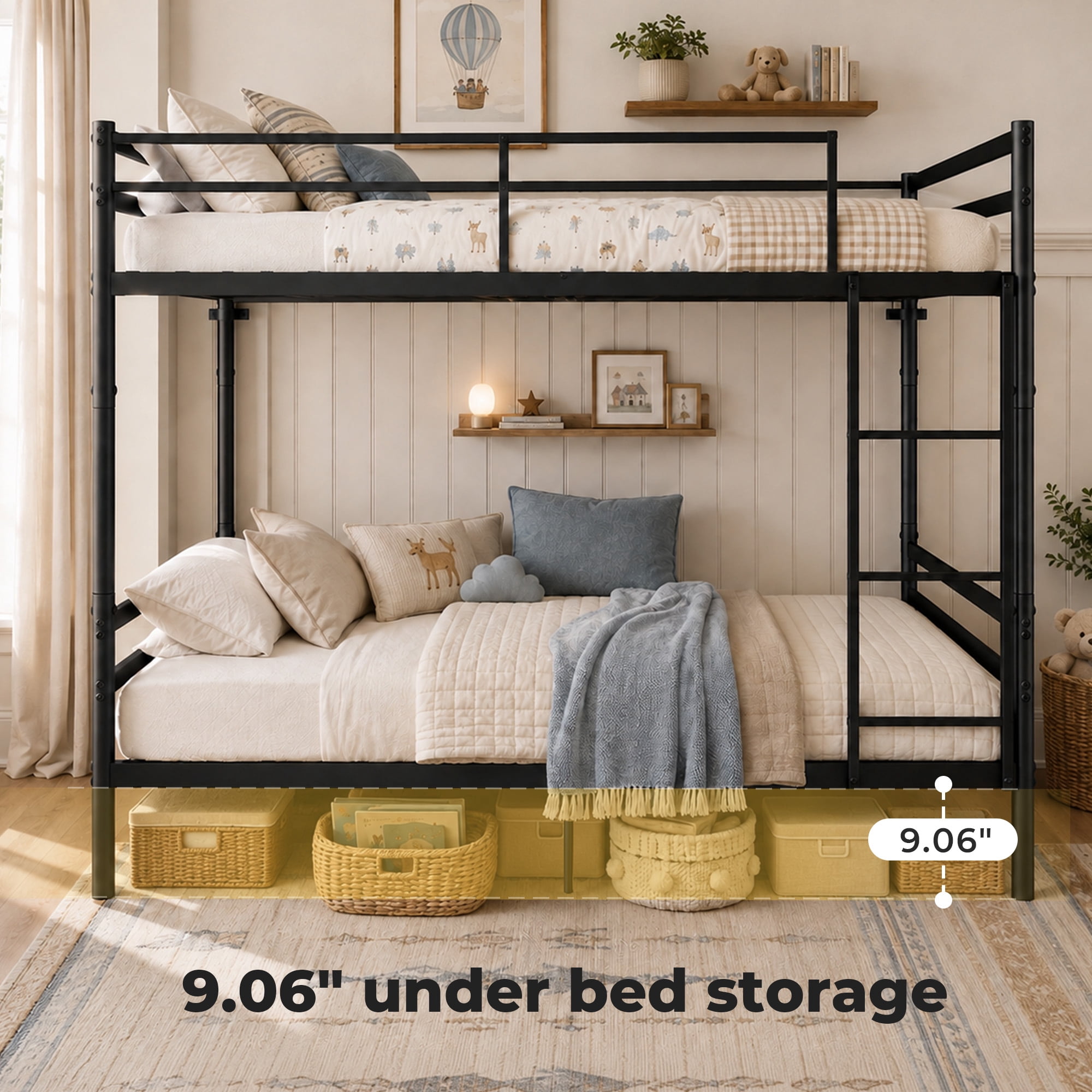 Alvantor Bunk Bed Twin over Twin, Metal Bunk Bed for Kids with Ladder and Anti-tip Bracket, Converted Into 2 twin bed Black