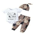 thumbnail image 1 of OUSITAID Baby Tops Pants Suit  Short Sleeve  Neck Letters Print Romper Shirt Jogger Trousers+ Hat Summer Sets, 1 of 6