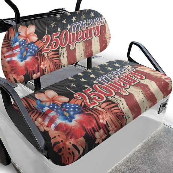 Pzuqiu 1776-2026 250 Years US Flag Hibiscus Golf Cart Seat Covers Set - Washable Stretchable Protective Covers for 2-Passenger Club Car, Ezgo, Yamaha