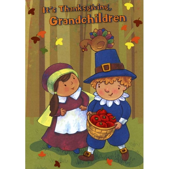 Designer Greetings Boy and Girl Pilgrims with Basket of Apples Juvenile Thanksgiving Card for Grandchildren