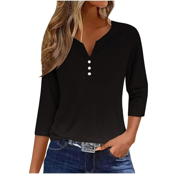 Jewelreauty Tunic Tops for Women Elbow Length Notch Neck Casual Button Blouses Summer Casual Tees