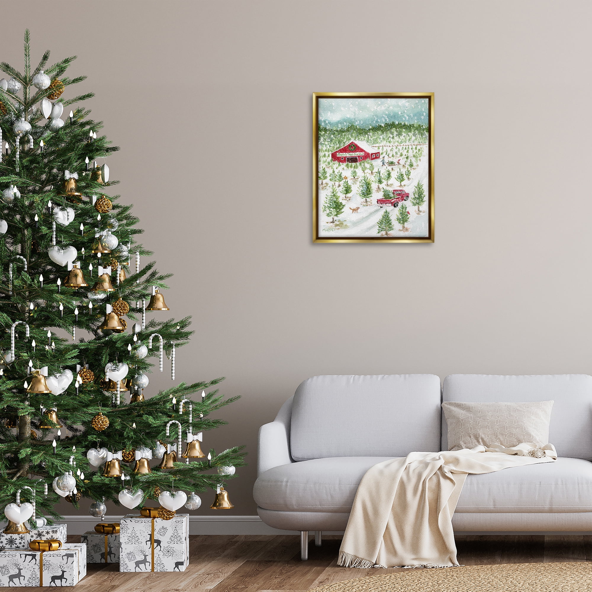 Stupell Industries Christmas Tree Farm Holiday Painting Gold Floater Framed Canvas Art Prints Wall Art, 25 x 31