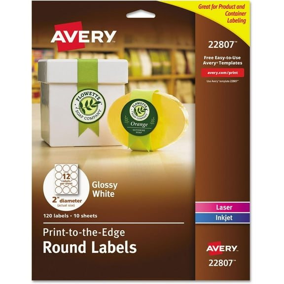 Printable Round Labels, Sure Feed Technology, Glossy White Labels, 2" Diameter, Permanent Adhesive, Laser/Inkjet, 120 Total (22807)