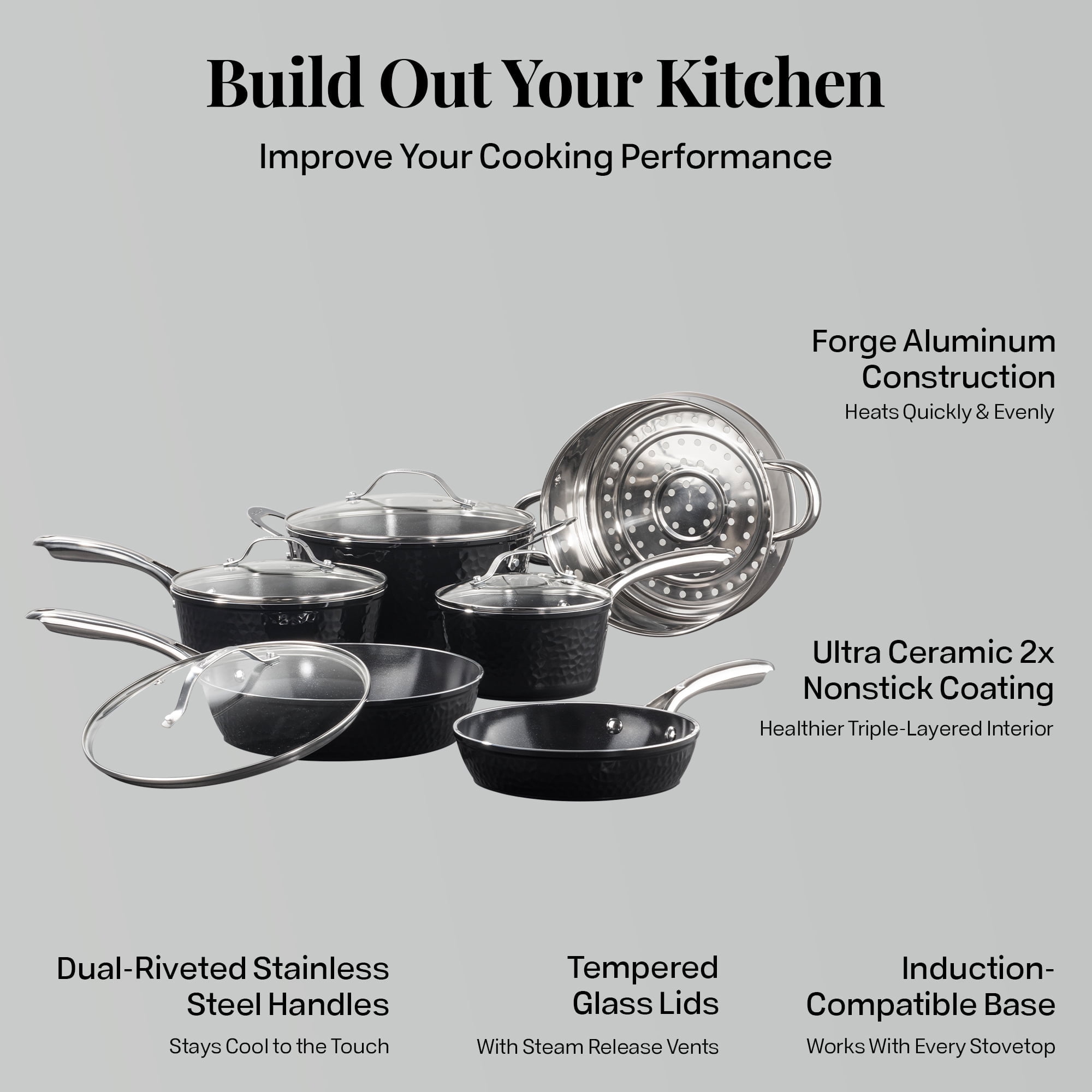 Gotham Steel 10 Pc Hammered Pots and Pans Set Non Stick, Easy Clean Kitchen Ceramic Cookware Set Nonstick, Long Lasting Pot and Pan Set with Skillet/Sauce Pan, Oven Safe, No Forever Chemicals, Black