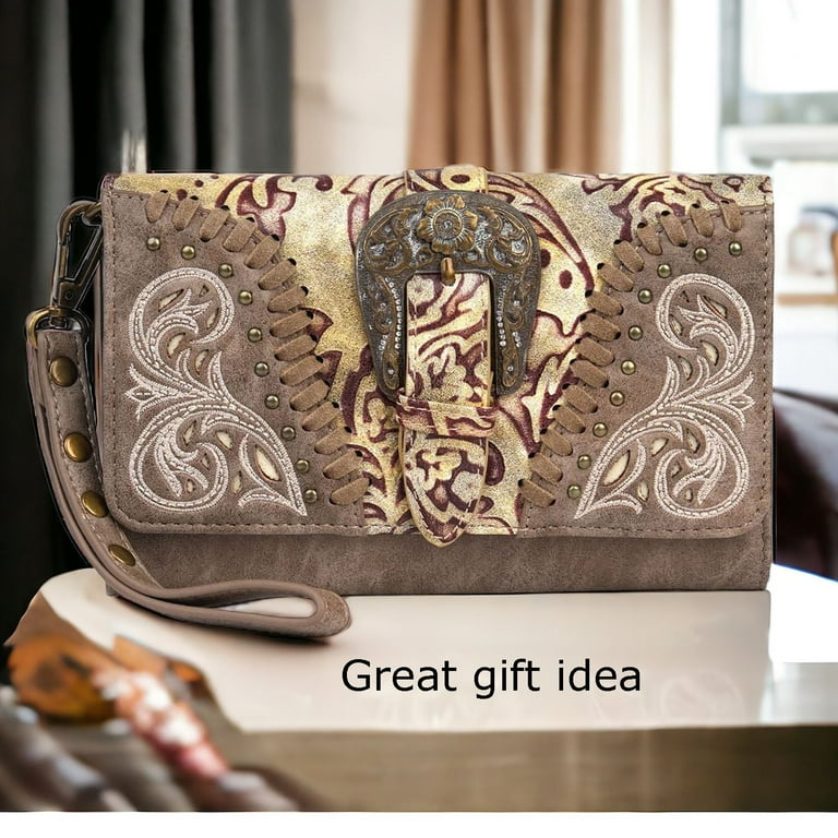 Montana West Womens Leather Wallet Clutch Western Tooled Studded w