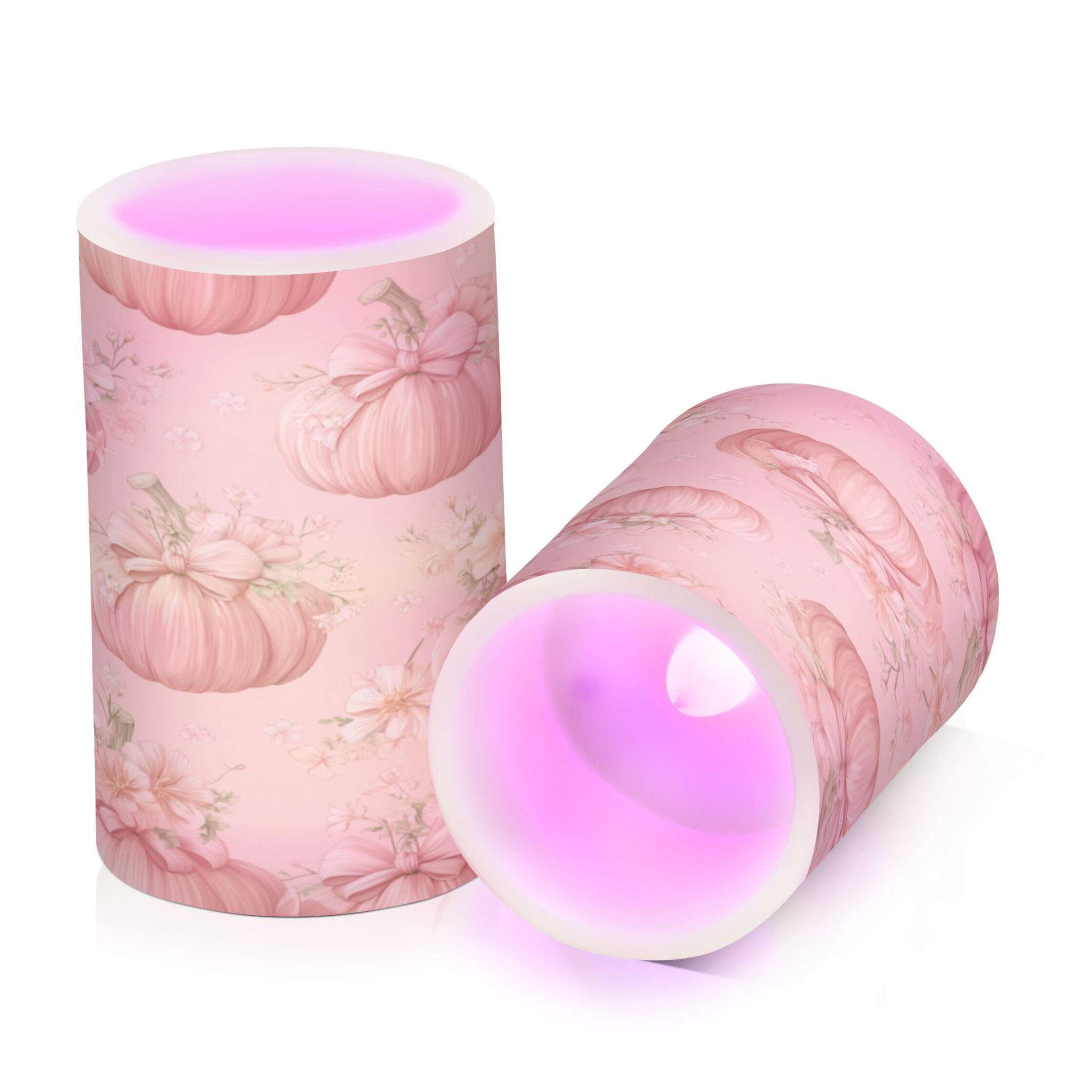 2 PCS Flameless Candles with Remote Timer LED Battery Operated Flickering Candle Light for Wedding Table Home Decoration Gifts Pastel Pink Pumpkins and Flowers