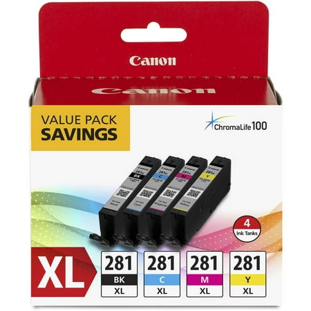 Genuine Canon Canon CLI-281 XL BKCMY 4-Color Tank Value Pack (2037C005) for PIXMA TR7520, TR8520,TS6120, TS8120, TS9120, TS702, TS9521C, TS9520, TS8220, TS6220 Printers