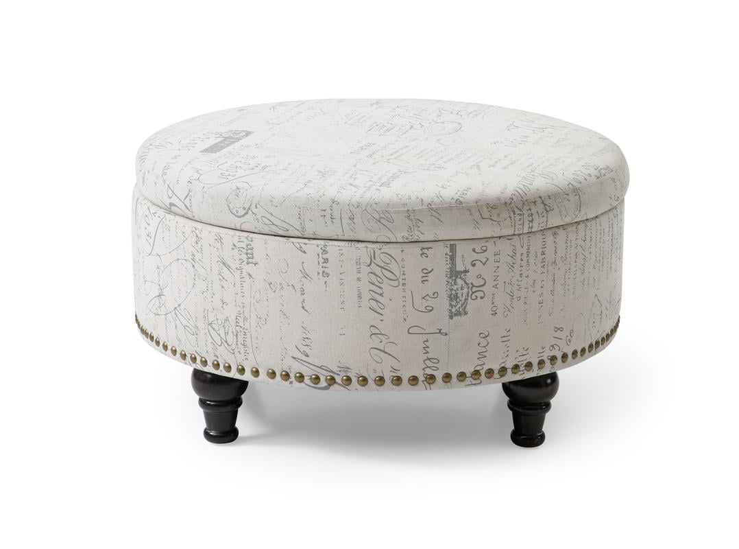 Round Storage Ottoman With Nailhead Vintage Script