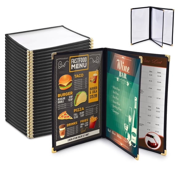 WeChef 30 pack 8.5"x11" Restaurant Menu Book Covers 3 Page 6 View Book Style for Cafe Hotel Bar Black
