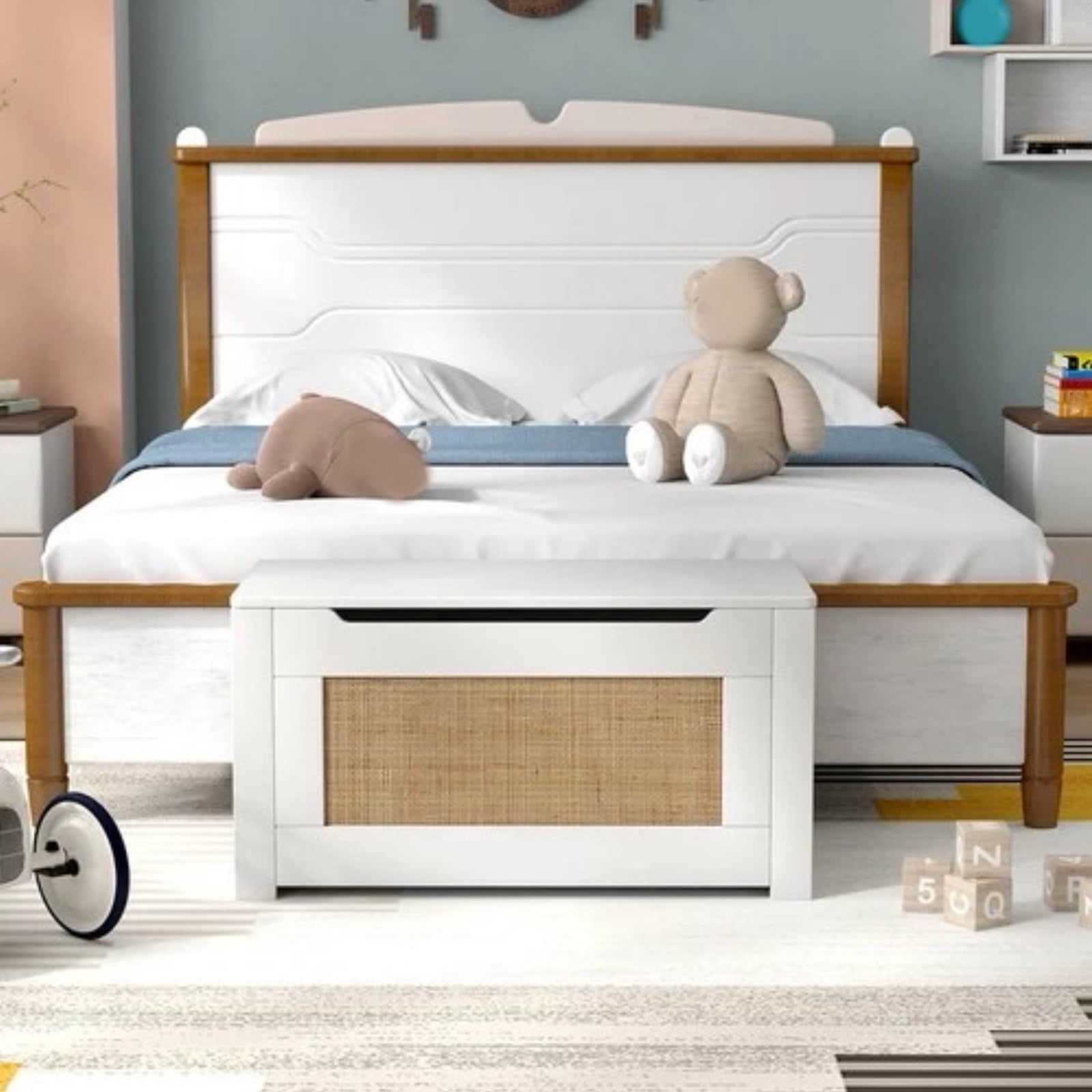 Auranook 31.5" Toy Chest for Kids Rattan Toy Storage Box with Flip Top Lid & Safety Hinge