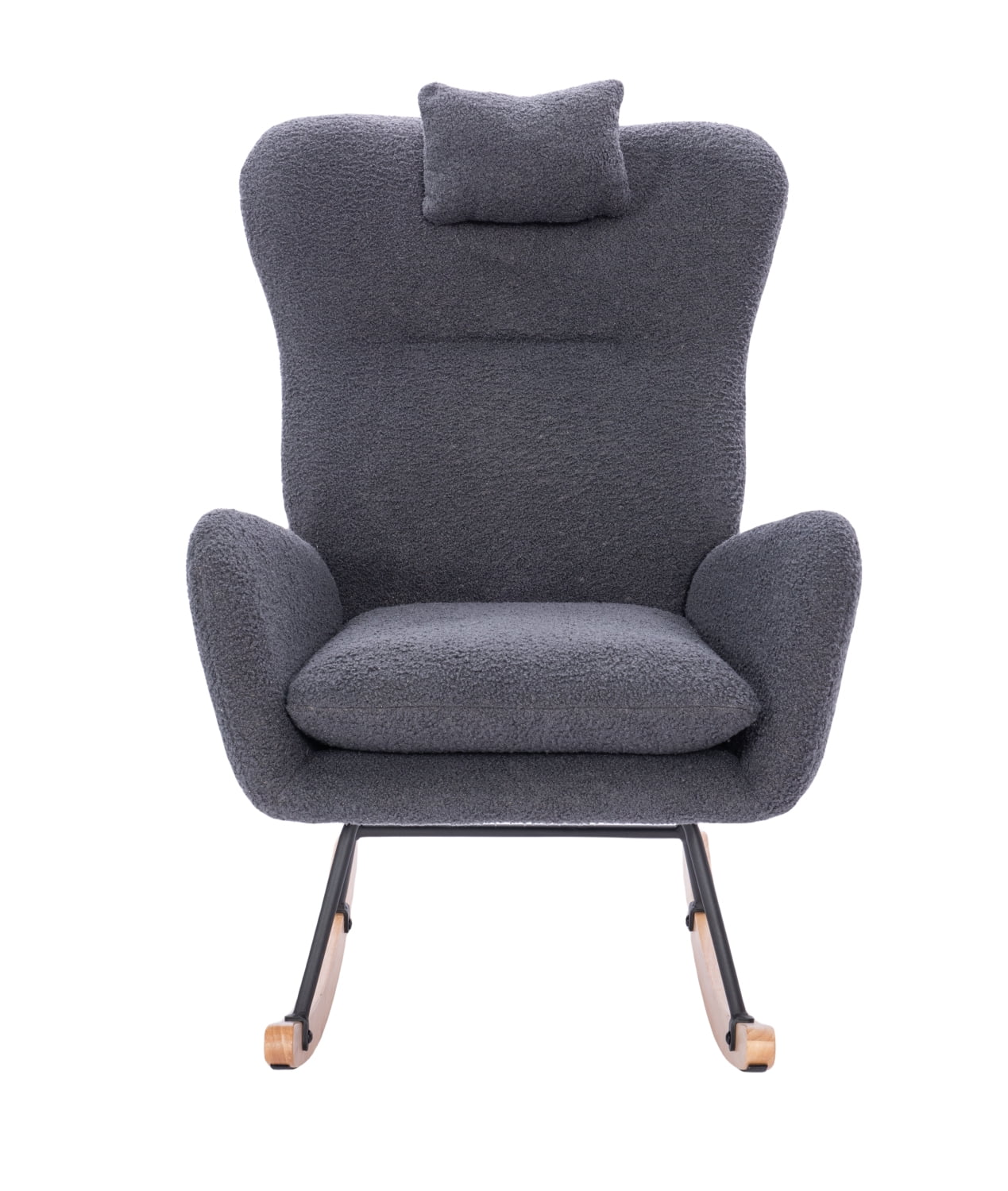 Lisonu Modern Rocking Chair, Upholstered High Back Accent Rocker, Cozy Teddy Fabric Glider for Living Room, Bedroom or Lounge, Ergonomic Armchair with Wood Base, Dark Grey