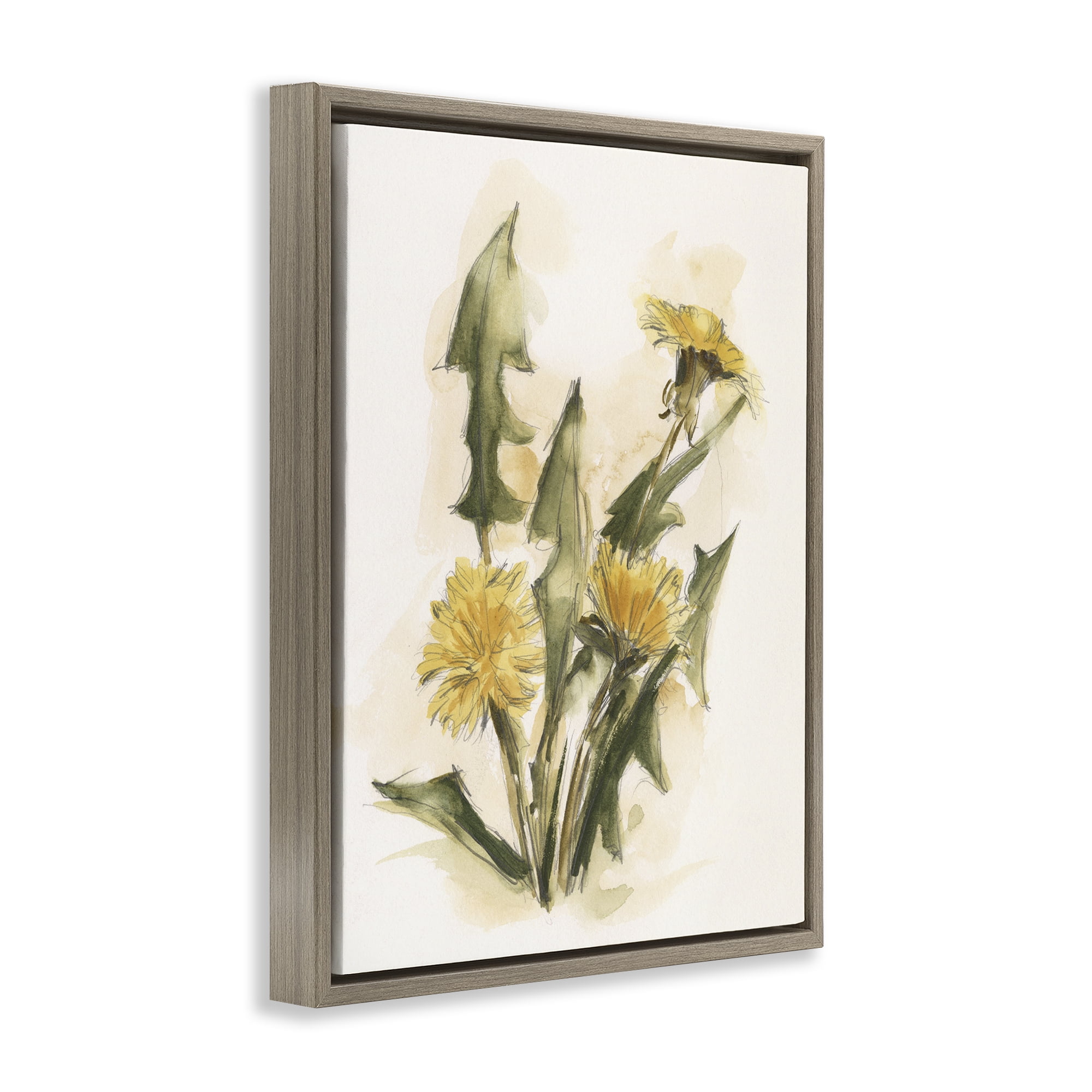 Stupell Industries Traditional Yellow Dandelion Botanical & Floral Painting Brown Floater Framed Art Print Wall Art, 17 x 21