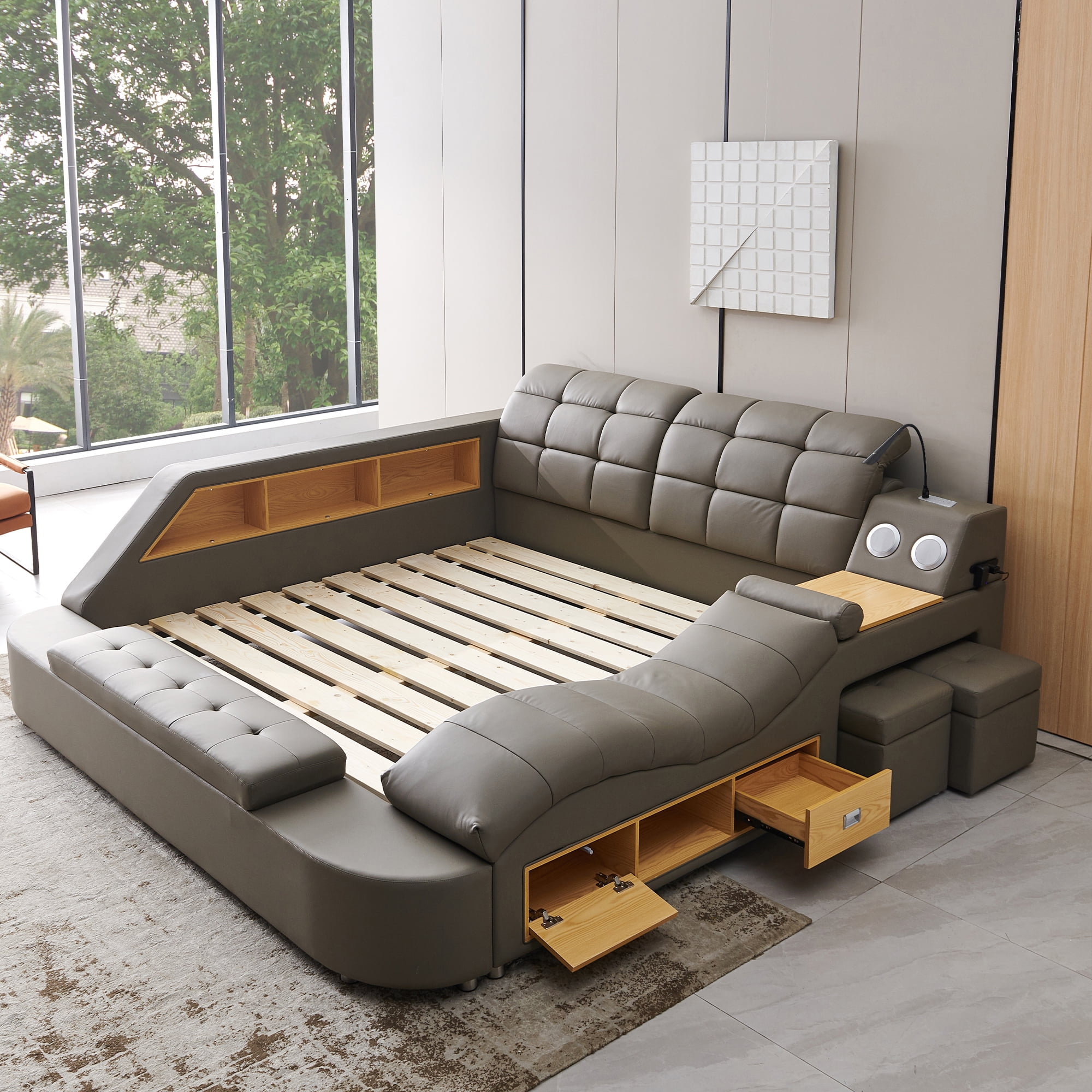 Queen Size Multifunctional Bed Frame, Upholstered Storage Platform with Right-Side Massage Recliner, Music Speaker, USB Charging Station