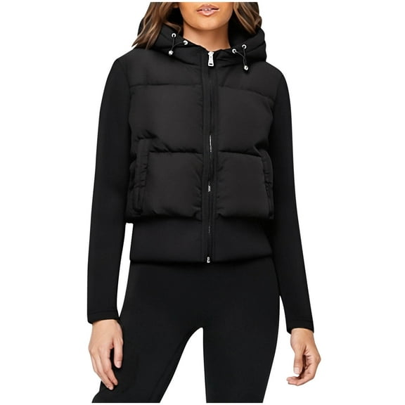 Women's Patchwork Jacket Long Sleeve Zip Up Padded Jacket Solid Color Hooded Outwear Coat Black XS