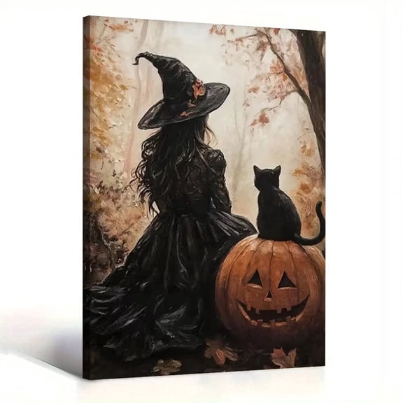 Halloween Wall Art, Vintage Gothic Canvas Print with Witch, Black Cat and Pumpkin, Spooky Holiday Decor 12×16