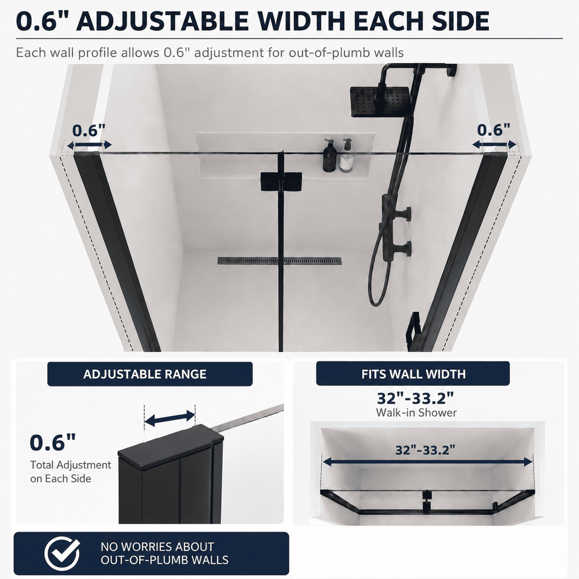 Aukfa 32-33.2" W x 72" H Matte Black Semi-Frameless Pivot Bi-Fold Shower Door, 1/4" Tempered Glass
