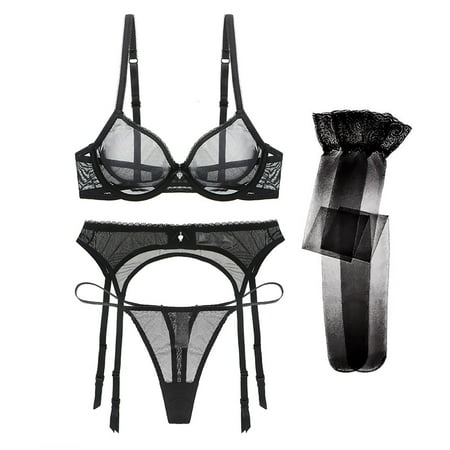 

Sexy Lace Bra See Through Breathable Bra and Solid Thongs and Garter Belt and Stocking Lingerie Set