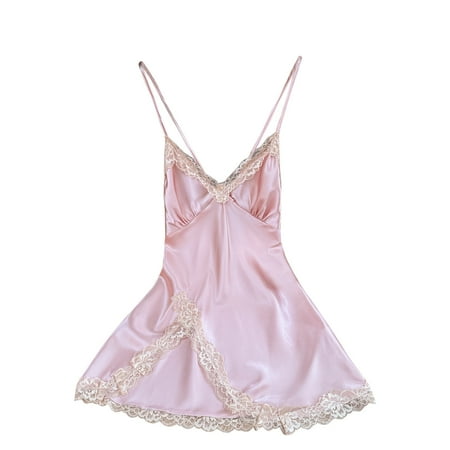 Tumotour Satin Silk Nightgowns For Women Mini Dress Sleeveless Nightgown Solid Color V-Neck Pajamas Loungewear Lace Sleepwear Chemise Lingerie Dress Tank Sleepwear Lace Nightshirt