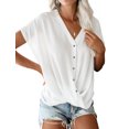 thumbnail image 1 of Women Solid Color V Neck Batwing Sleeve Cross Drape Front Buttons T-Shirt, 1 of 5