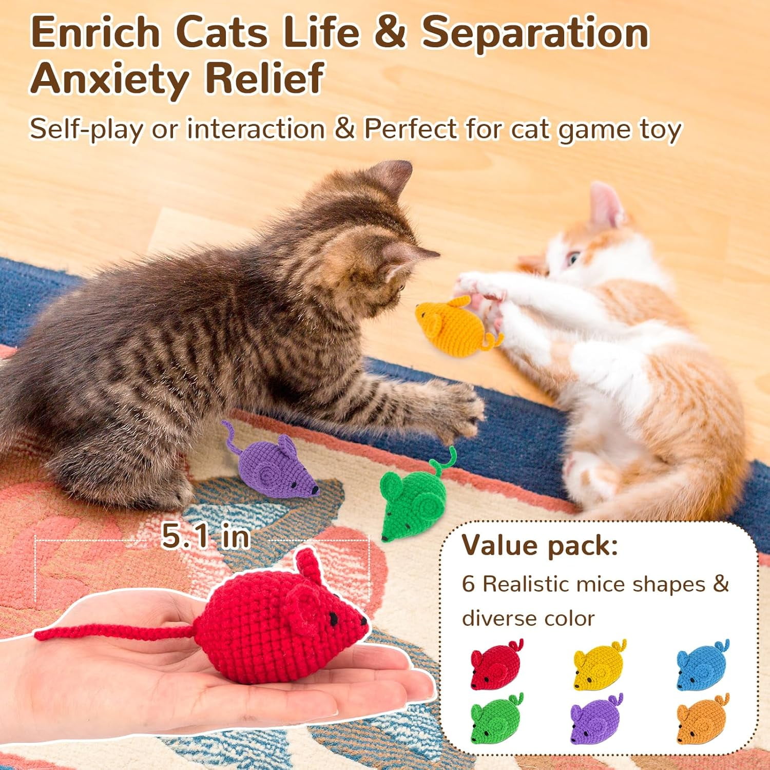 Cat Toys Catnip Mice Toys 6 Pcs,Woolen Yarn Crochet Mouse Animals Toys,Cat Nip Toys for Indoor Cats Kitten,Cat Chew Toy for Teeth Cleaning Cat Kicker Kitty Toys