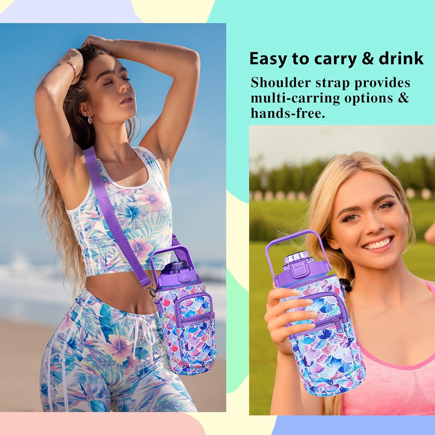 64 oz Water Bottle with Straw Sleeve & Strap Motivational BPA Free Half Gallon Water Jug with Handle for Gym Women Men Aesthetic Water Bottle with Strap Mermaid