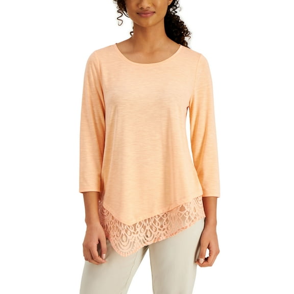 JM Collection Solid Asymmetrical Lace Top Peach Pearl M