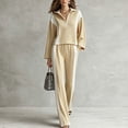thumbnail image 2 of Women's 2 Piece Tracksuit Set Half Zip Collared Top Contrast Stripe Elastic Waist Wide Leg Pants Loose Fit Relaxed Comfortable Casual Outfit for Fall Winter Everyday Wear Beige_#1 L, 2 of 4