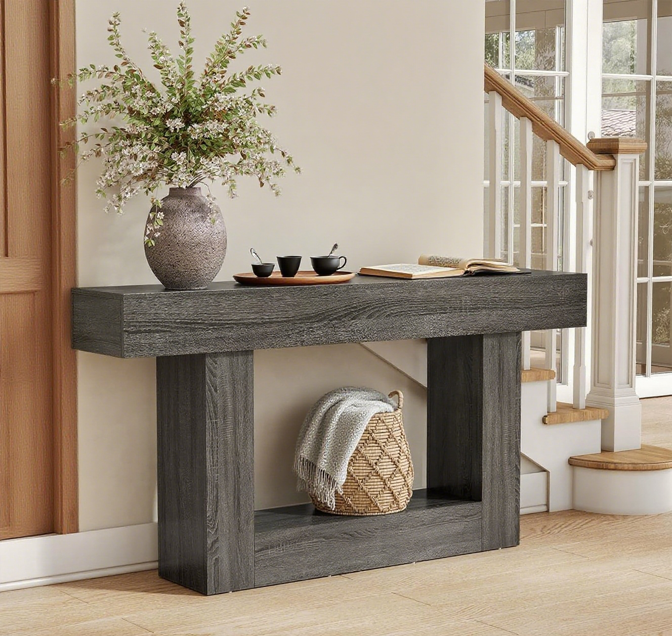 63 Inches Long 2-Tier Farmhouse Console Table, Heavy Duty Sofa Table Behind Couch, Large Narrow Wooden Entryway Table for Living Room, Hallway Foyer (Grey)